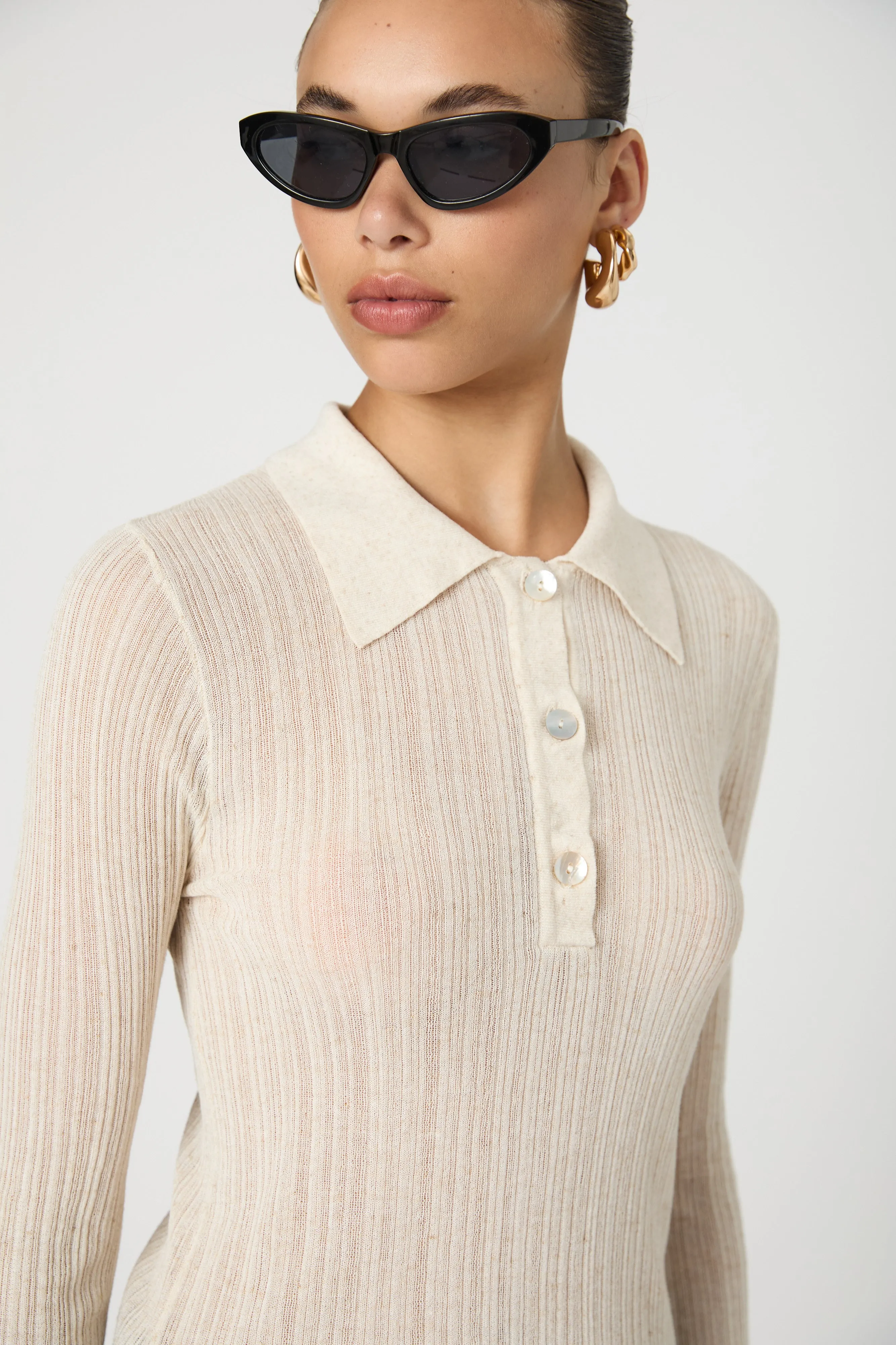 Linen Blend Knit Button Up Top