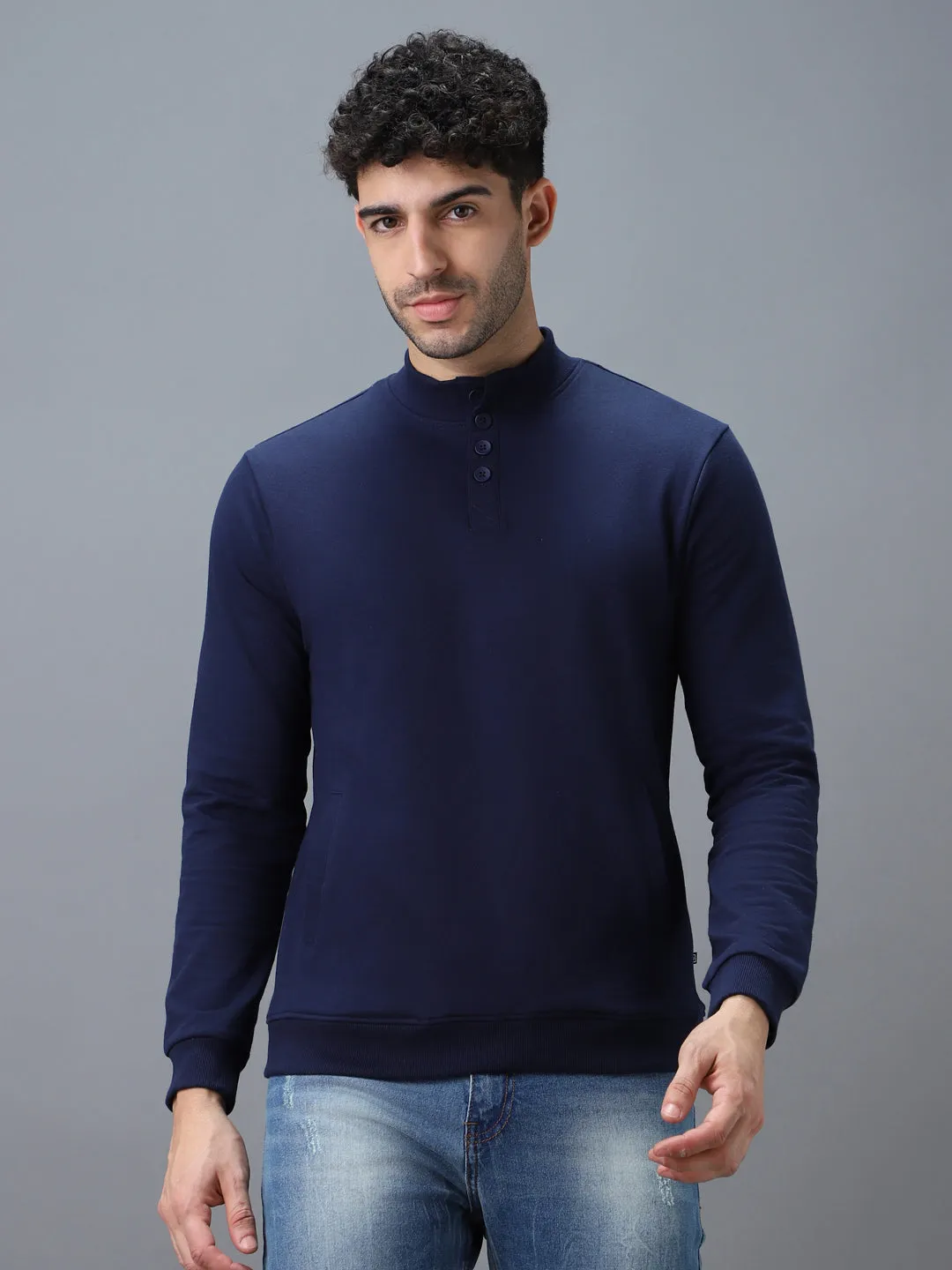 Men's Blue Cotton Solid Button High Neck Sweatshirt