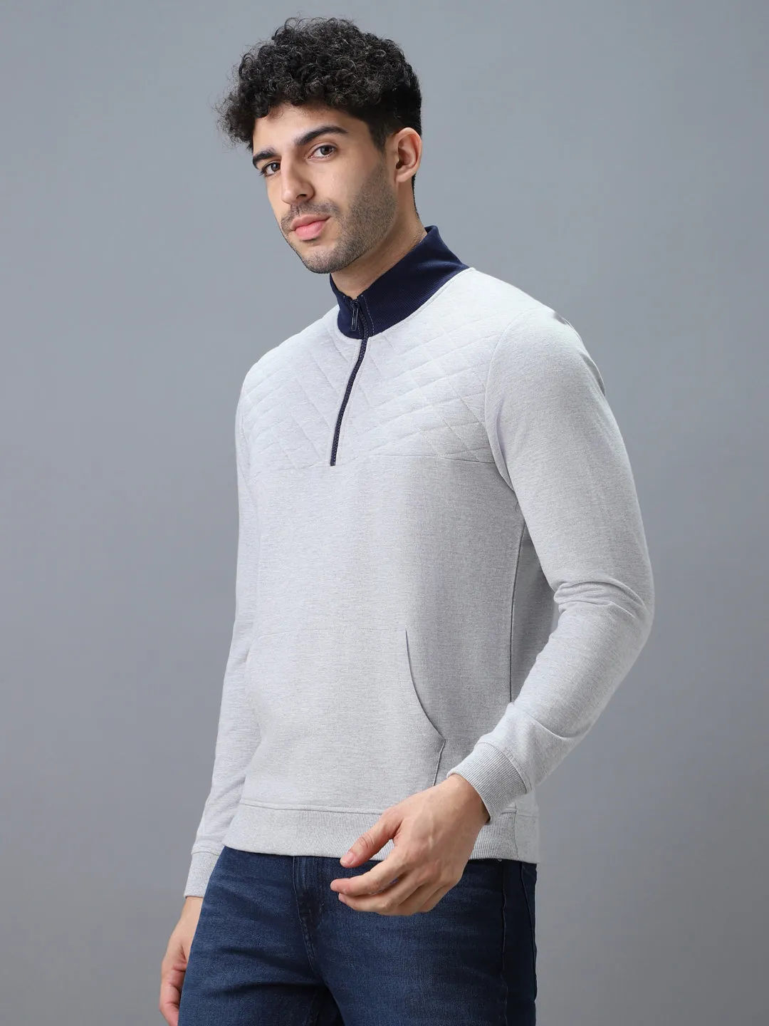 Men's Grey Cotton Solid Zippered High Neck Sweatshirt