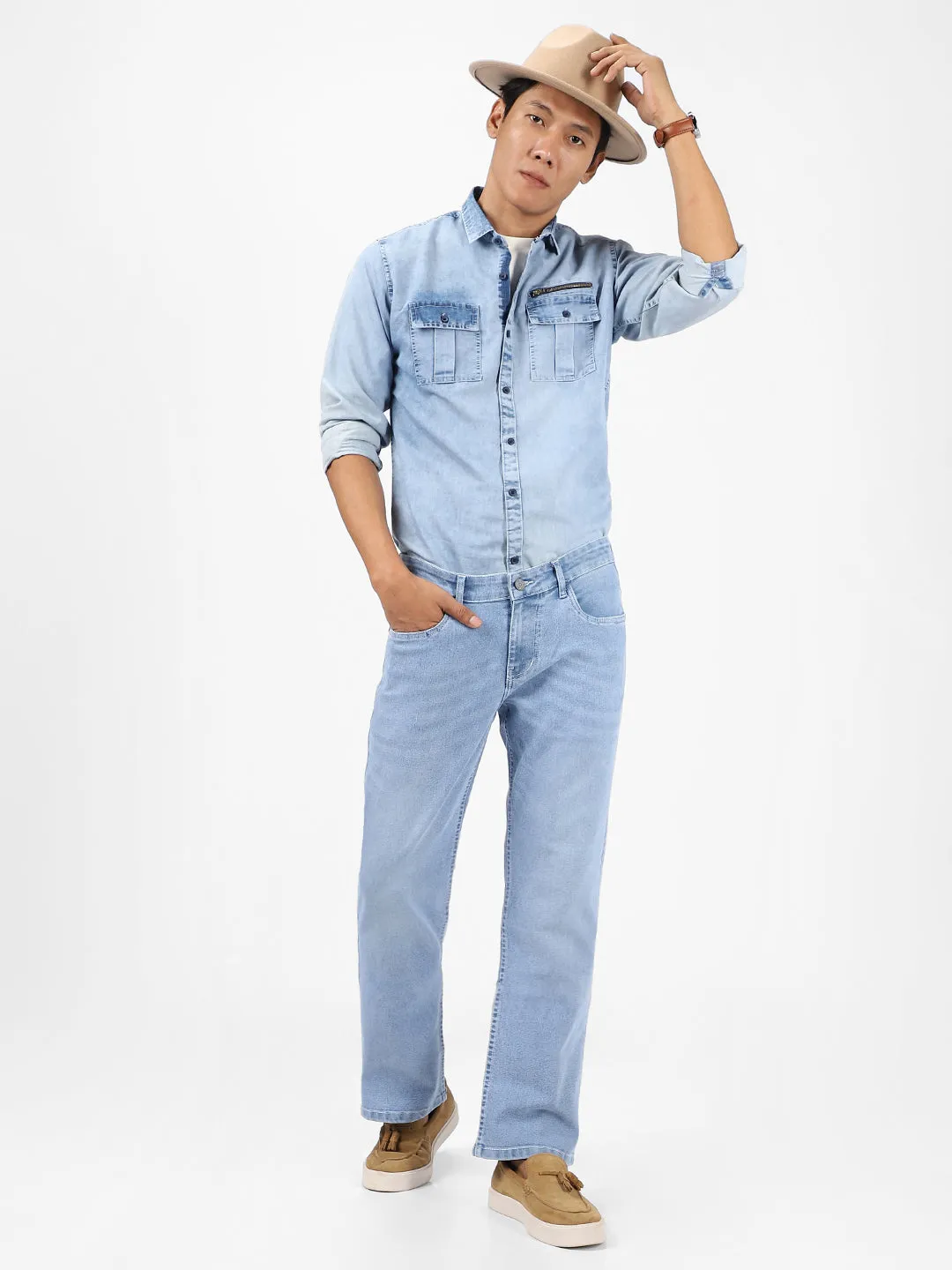 Men's Ice Blue Washed Bootcut Jeans Stretchable