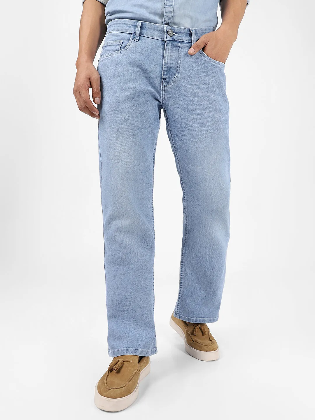 Men's Ice Blue Washed Bootcut Jeans Stretchable