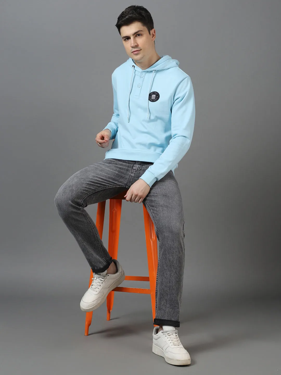 Men's Light Blue Cotton Solid Button Hooded Neck Sweatshirt