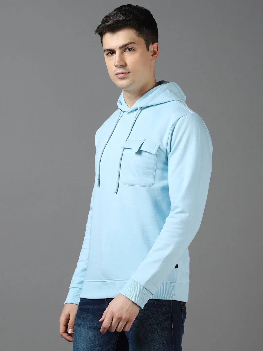 Men's Light Blue Cotton Solid Hooded Neck Sweatshirt