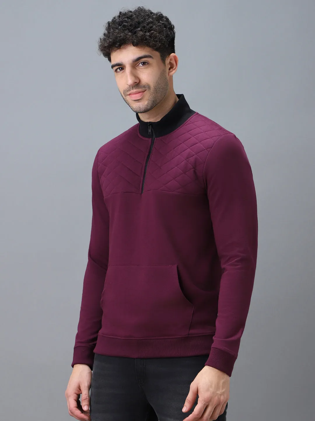 Men's Purple Cotton Solid Zippered High Neck Sweatshirt