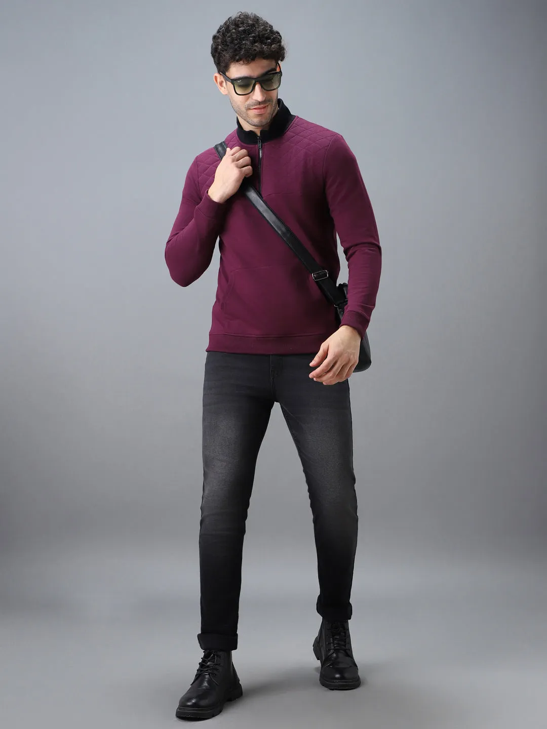 Men's Purple Cotton Solid Zippered High Neck Sweatshirt