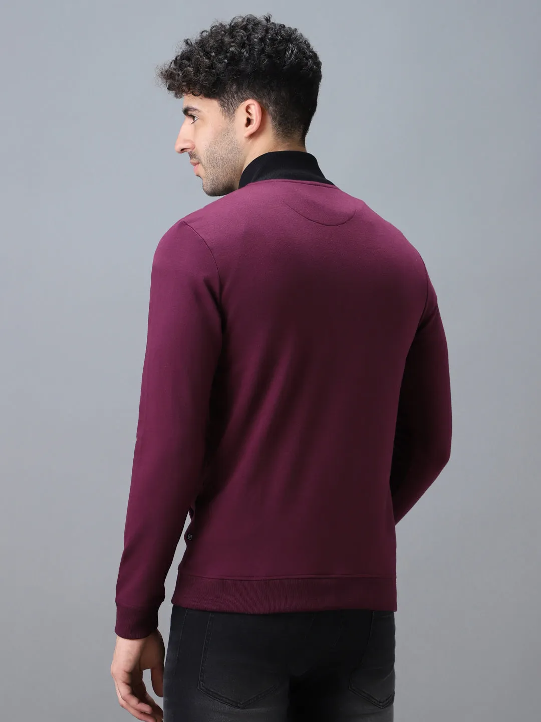 Men's Purple Cotton Solid Zippered High Neck Sweatshirt