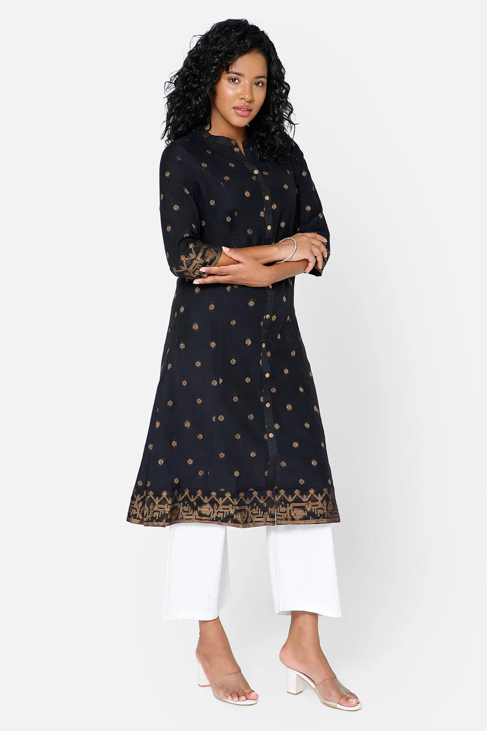 Mythri Women's Casual Kurthi with Mandarin Collar 3/4th Sleeves - Black - KU69