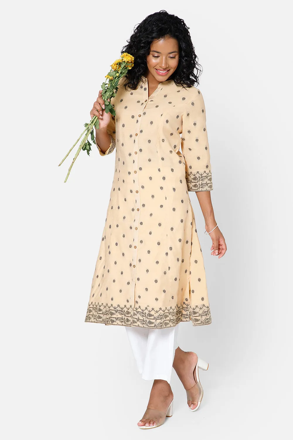 Mythri Women's Casual Kurthi with Mandarin Collar 3/4th Sleeves - Sandal - KU69