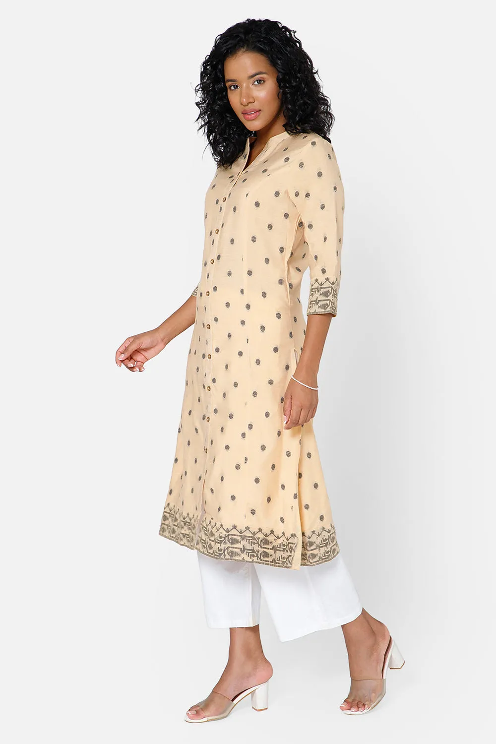 Mythri Women's Casual Kurthi with Mandarin Collar 3/4th Sleeves - Sandal - KU69