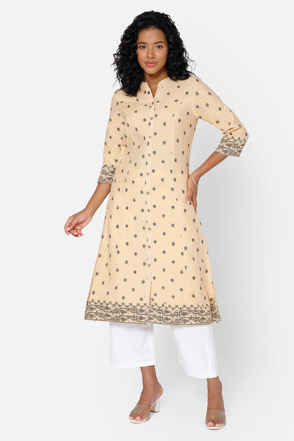 Mythri Women's Casual Kurthi with Mandarin Collar 3/4th Sleeves - Sandal - KU69