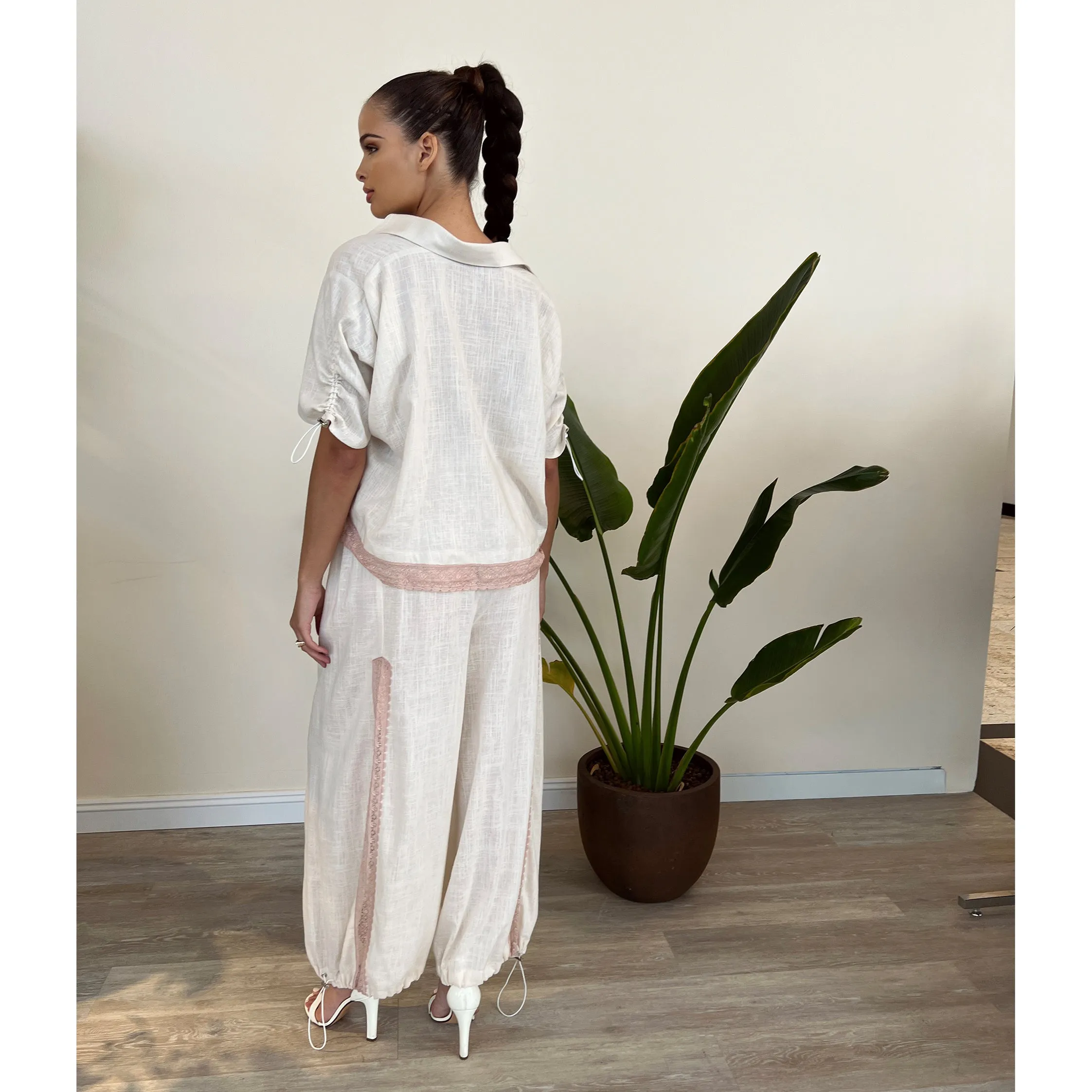 Off White Linen and Nude Lace Toggle Pants