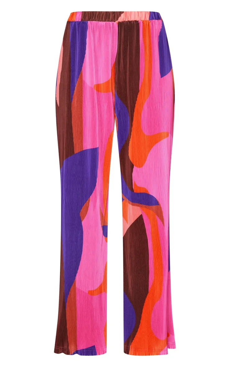 Print plisse high waisted wide leg trousers in pink