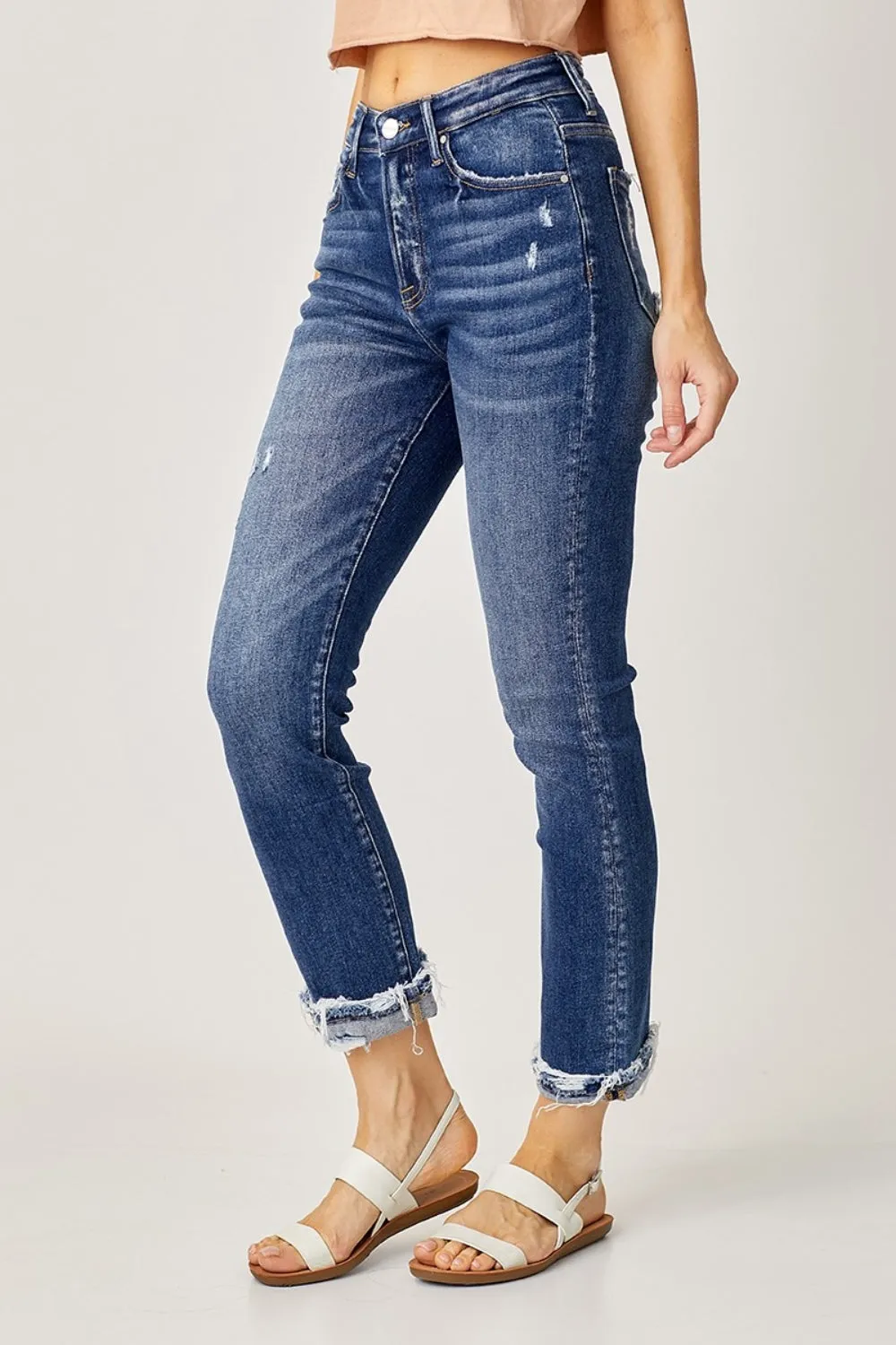 Risen High-Rise Frayed Cuffed Straight Jeans