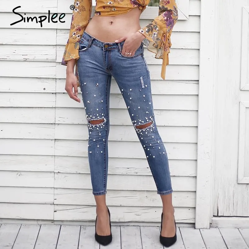 Simplee Streetwear pearl hole jeans female Casual pocket skinny pencil jean pants Autumn winter low waist jean women bottom