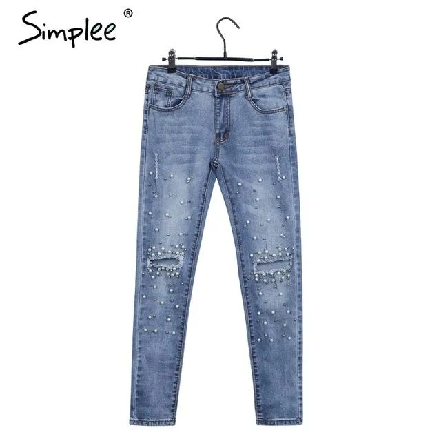 Simplee Streetwear pearl hole jeans female Casual pocket skinny pencil jean pants Autumn winter low waist jean women bottom